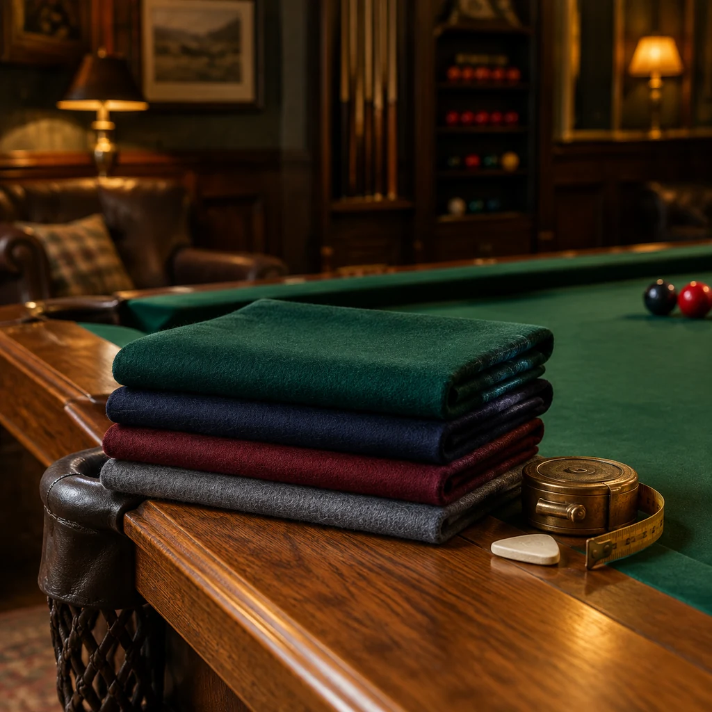 Folded swatches of billiard cloth in green, blue, red and grey