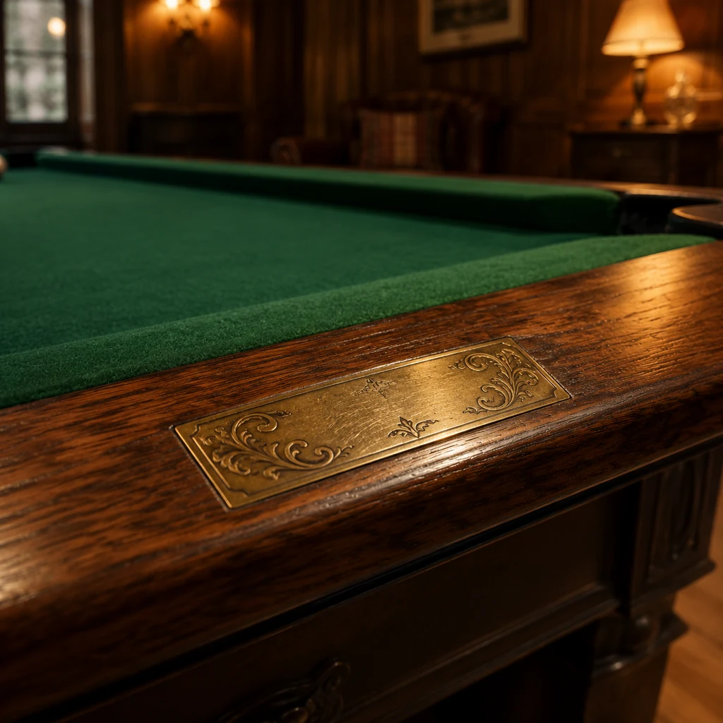 Brass plate engraved with a family name on the rail of a table