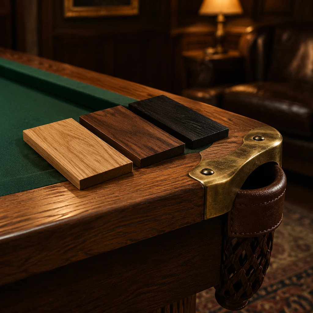 Corner of a table cabinet showing oak, walnut and ebonised timber samples