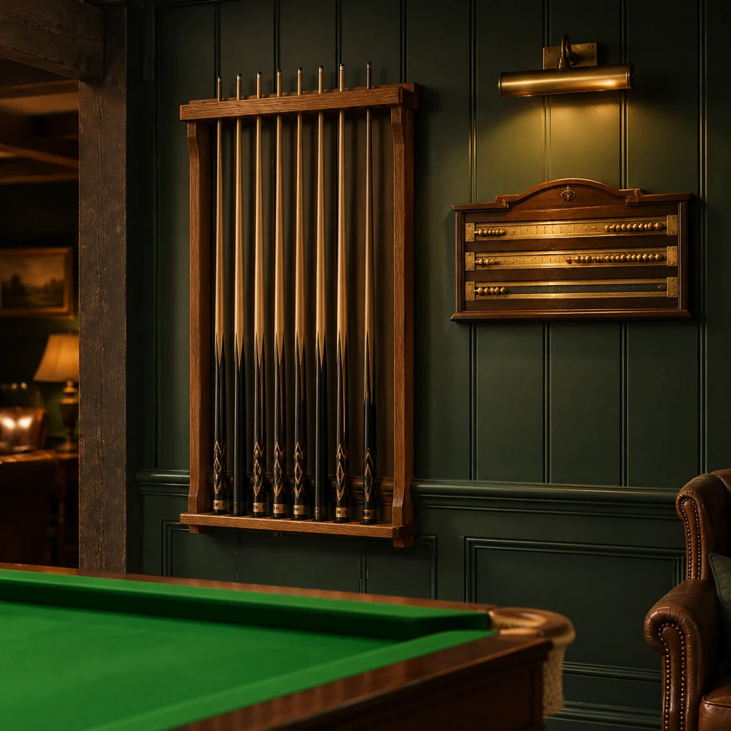 Wall-mounted oak rack holding a row of snooker cues