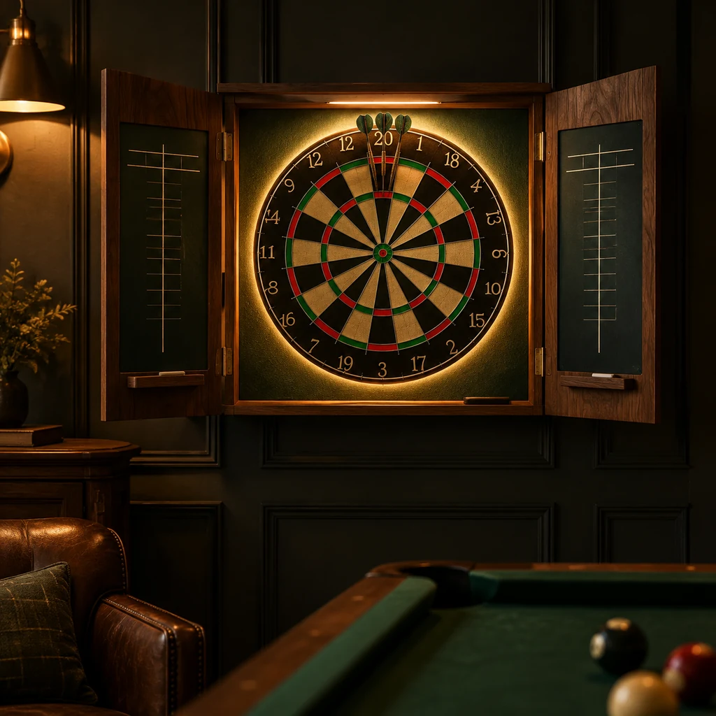 Dartboard in an open walnut cabinet with a lit surround