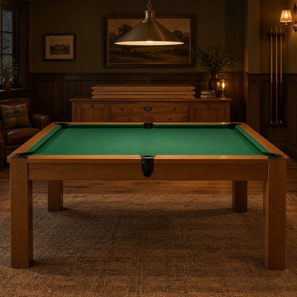 Oak dining pool table in pool mode, its top panels stacked on the sideboard behind