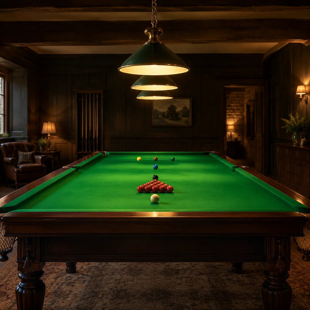 Three brass shades hanging low over green cloth