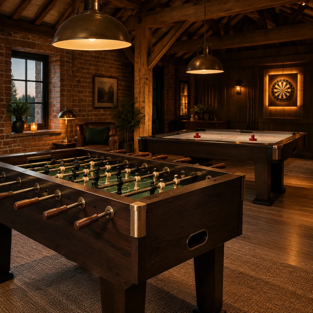 Games corner with a football table and an air hockey table in warm light
