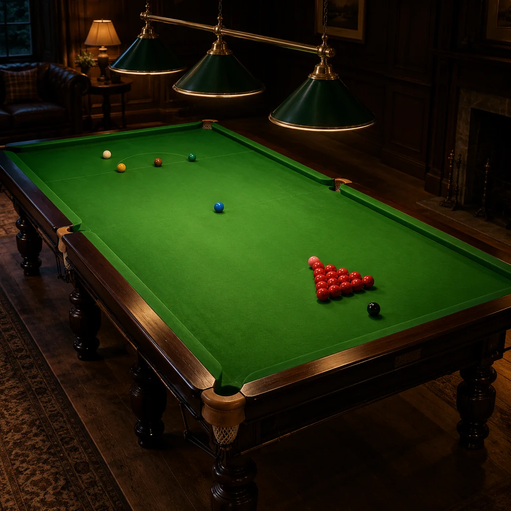 Snooker table with full rack of reds under low lamps