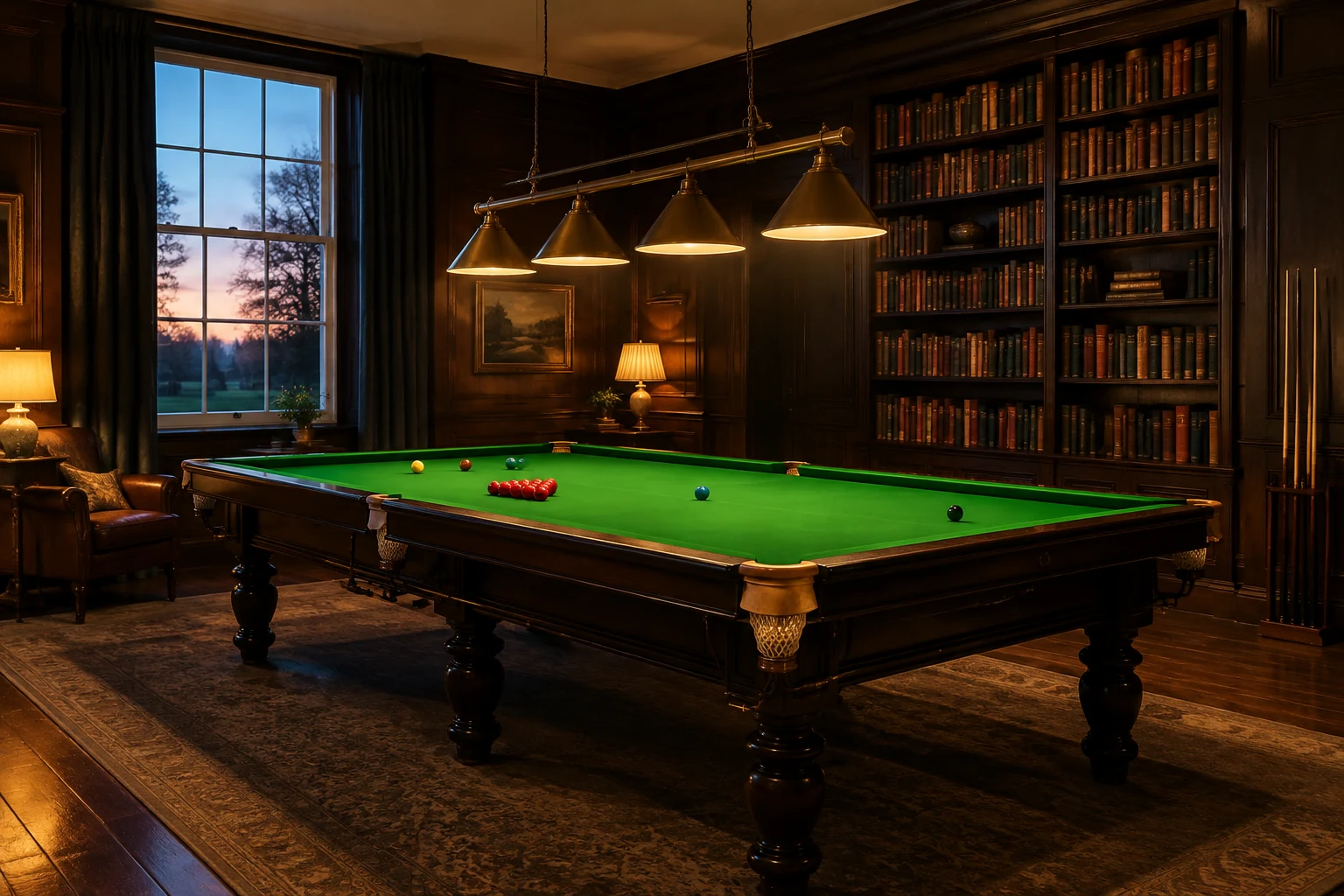 Snooker table in a wood-panelled room with evening light through a sash window