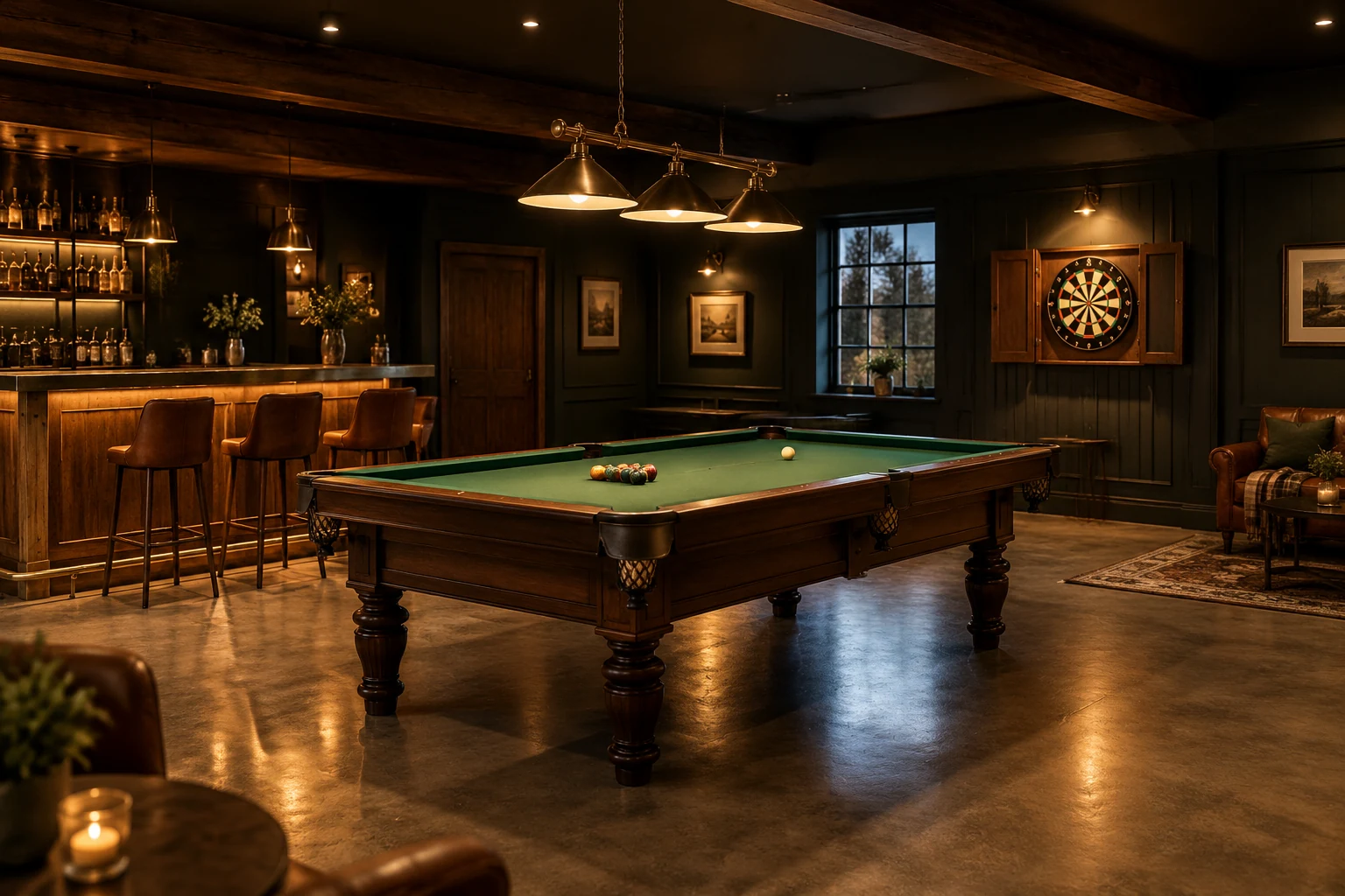 Converted garage with a pool table, a dartboard and a small bar