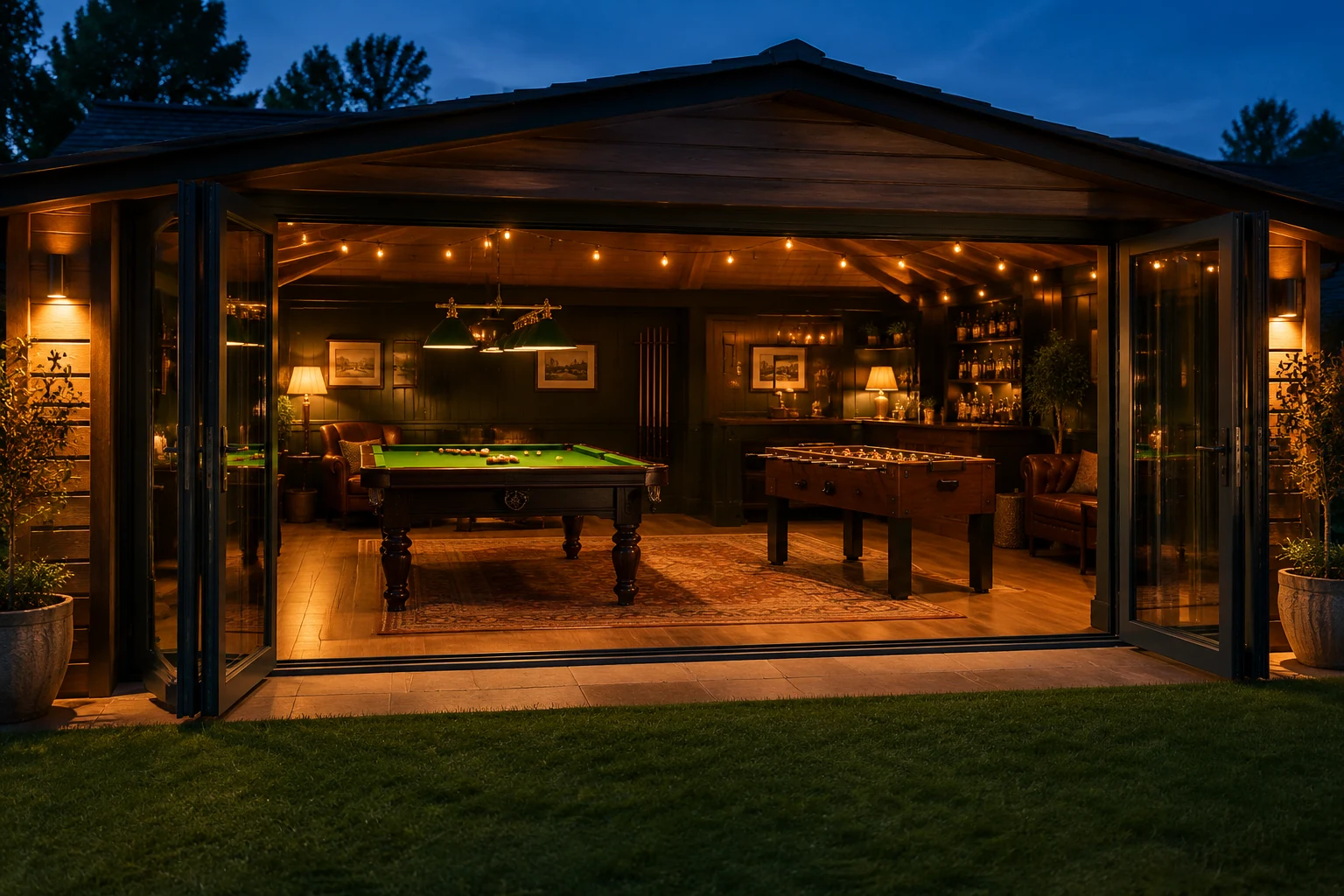 Garden room bar at dusk with a pool table and football table