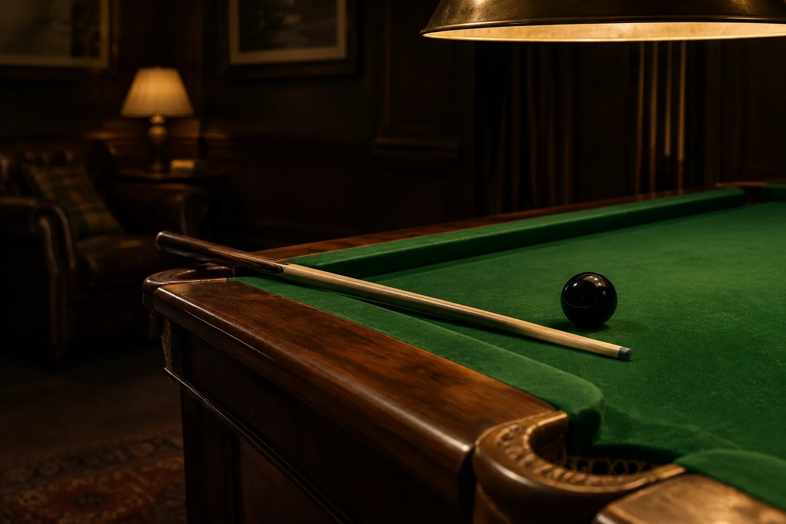 Cue resting on the rail beside the black ball under a brass lamp