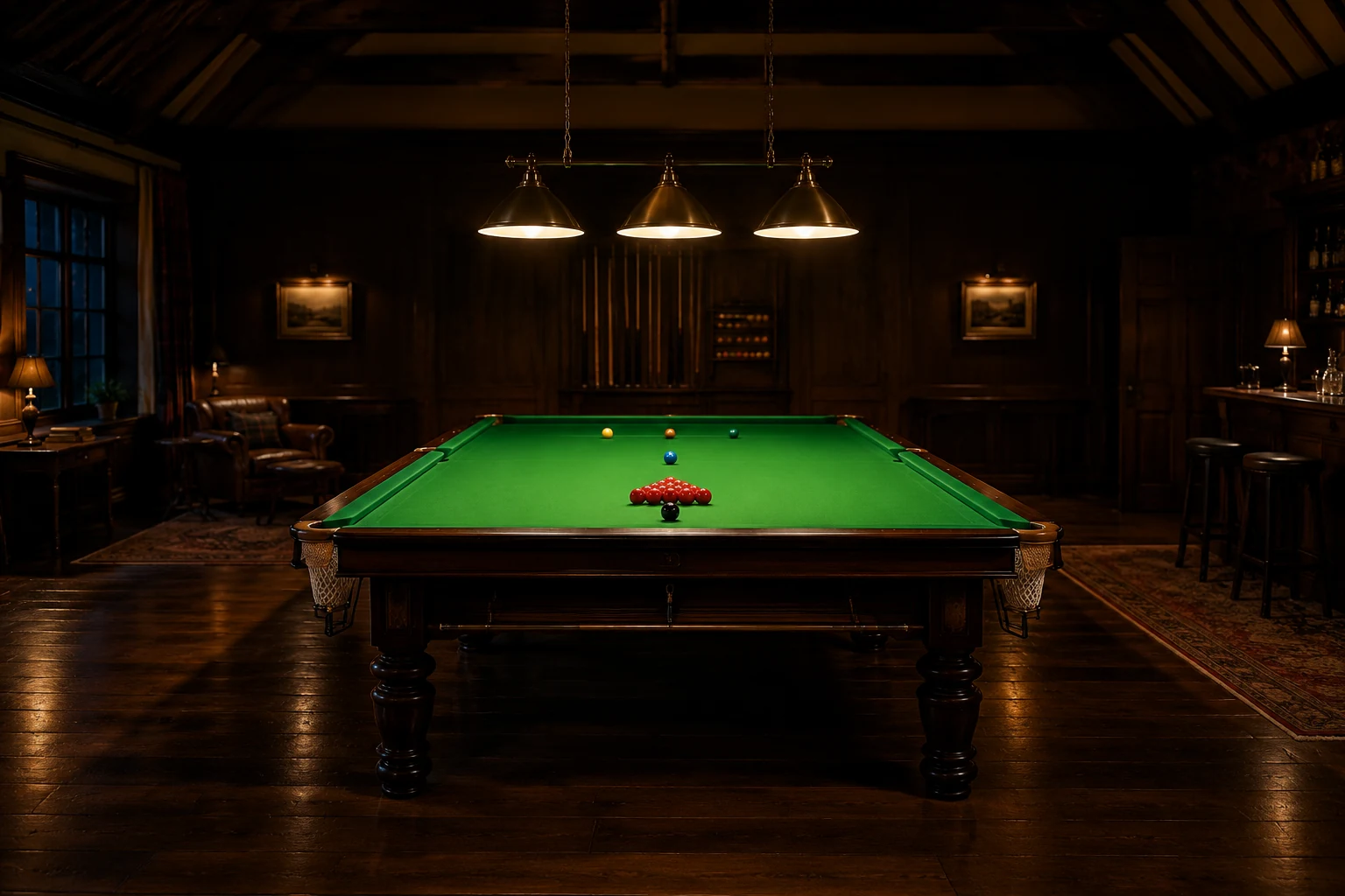 Full-size snooker table with green cloth under three low brass lamps in a wood-panelled games room