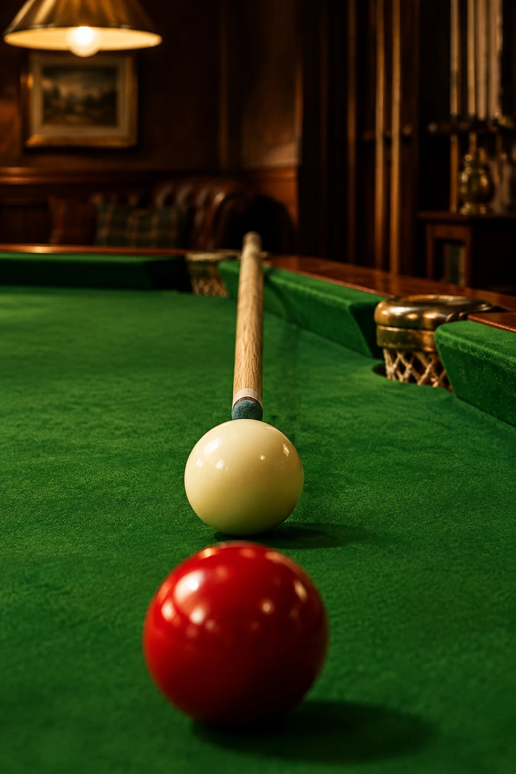 Close-up of a cue lined up over a red ball on green cloth in warm evening light