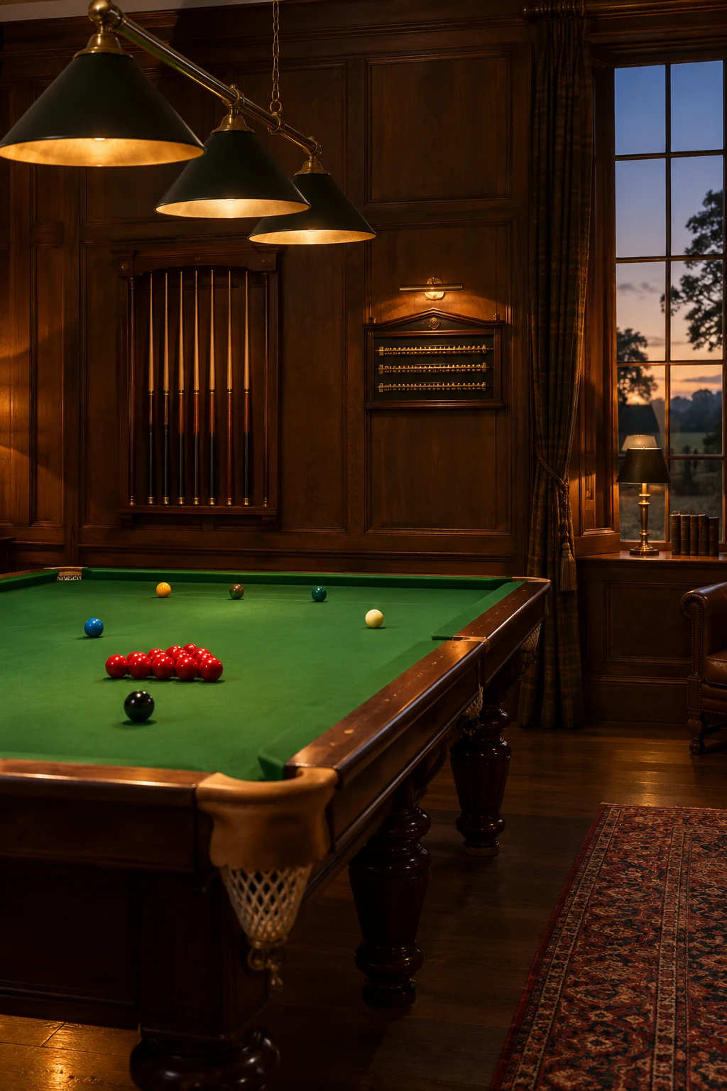 Games room in a country house with oak panelling, a snooker table and a cue rack on the wall
