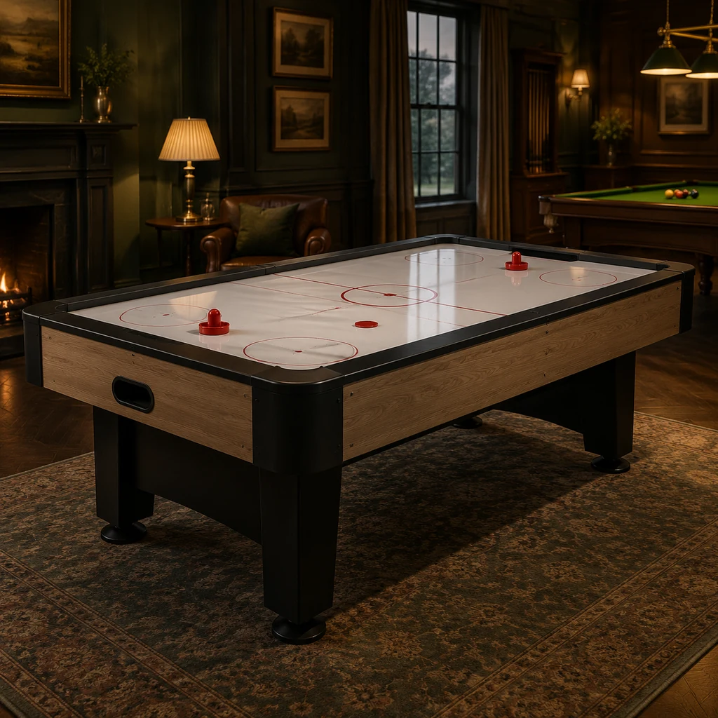 Full-size air hockey table with puck and strikers