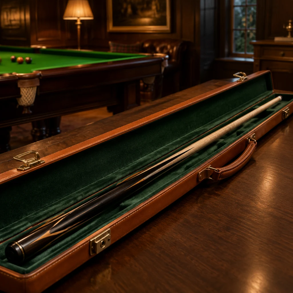Hand-spliced ash snooker cue with ebony butt in an open leather case