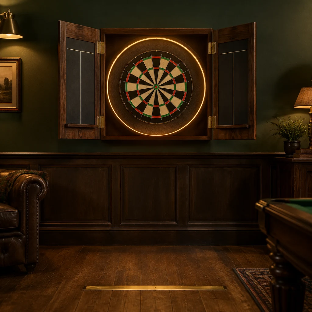 Dartboard in a walnut cabinet with an LED surround ring