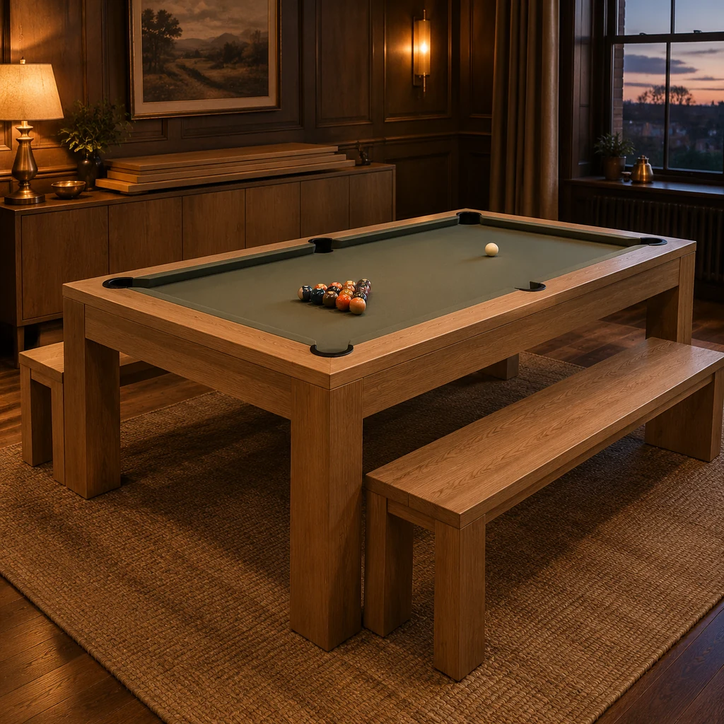 Oak dining pool table with balls racked, matching benches and the top panels stacked on a sideboard