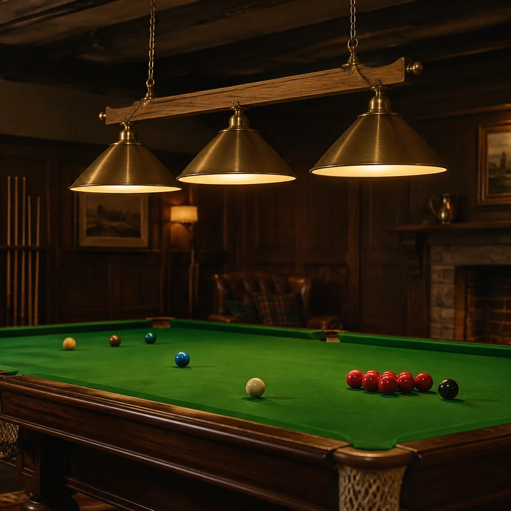 Three-shade brass light hanging over a snooker table