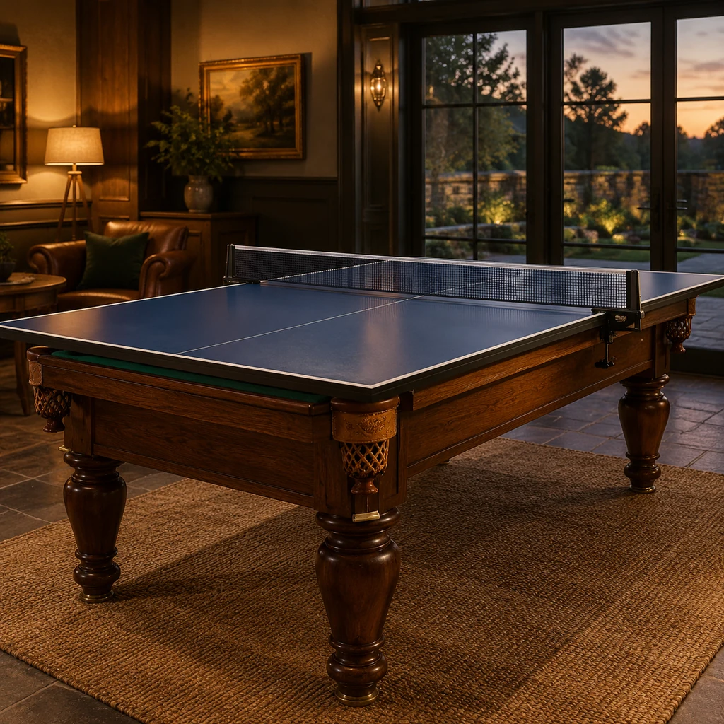 Walnut games table set up for table tennis with a pool bed beneath