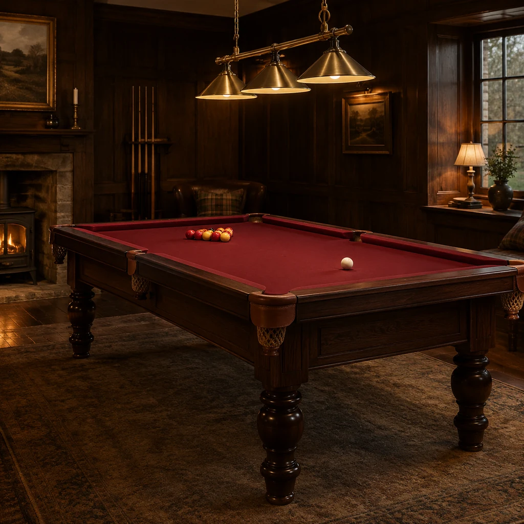 Seven-foot English pool table in dark walnut with red cloth