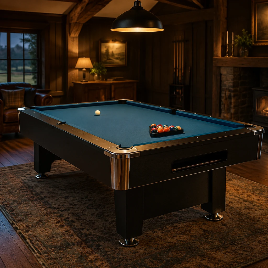 Nine-foot American pool table with black rails and blue cloth