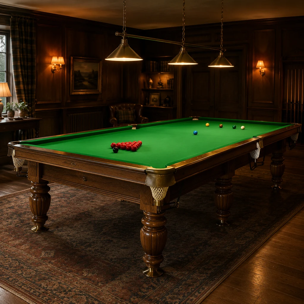 Twelve-foot oak snooker table with green cloth