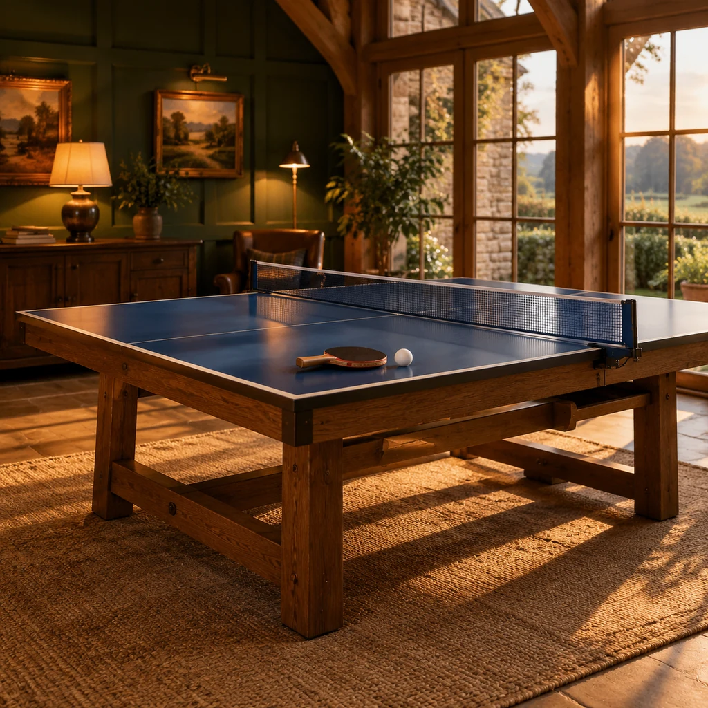 Blue table tennis table with wooden frame in a bright garden room
